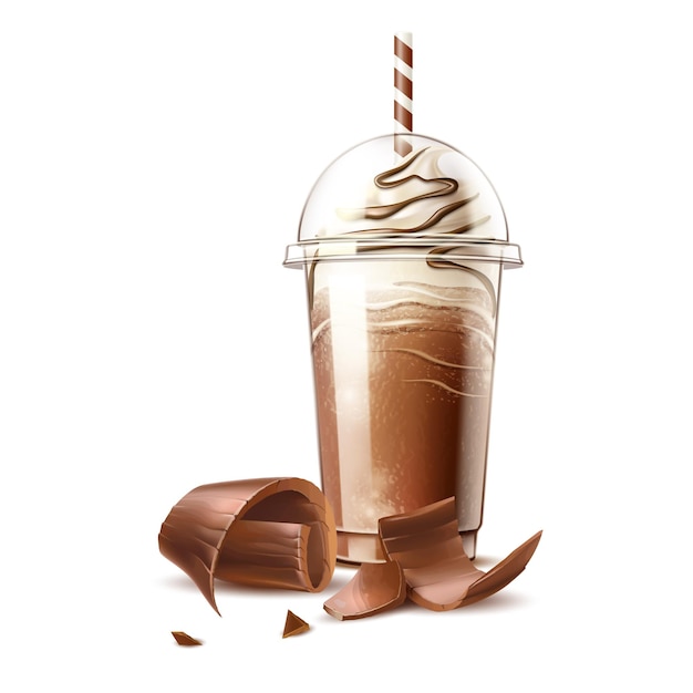 Vector café frappé realista en vaso de plástico y rebanadas de chocolate café frío con cobertura de cacao