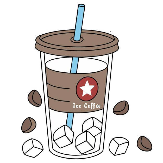 Café helado en una taza transparente con paja y granos de café