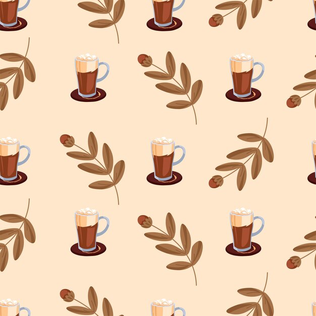 El café y las hojas con un patrón sin costuras