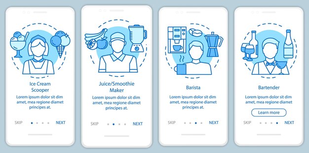Café y industria de comida rápida trabajo a tiempo parcial pantalla de página de aplicación móvil de incorporación azul con conceptos lineales. El tutorial de Barista sigue las instrucciones gráficas. UX, UI, plantilla vectorial GUI con ilustraciones