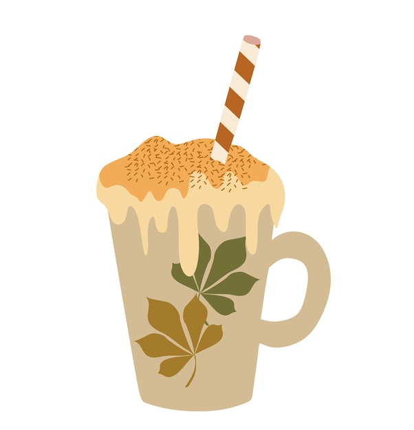 Café con leche de especias de calabaza de otoño en taza de porcelana con hojas de castaño Ilustración vectorial plana Café con crema batida y paja para beber Temporada de otoño bebida dulce caliente aislada sobre fondo blanco