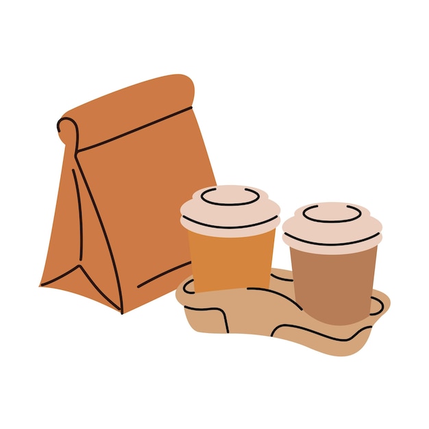 Café para llevar y una bolsa de papel de desayuno comida rápida para llevar envases de papel o cartón de alimentos