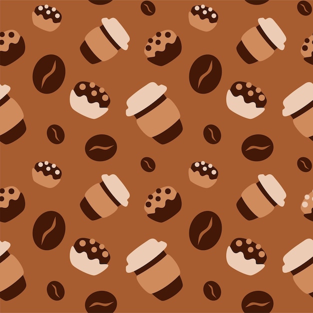 Café para llevar de patrones sin fisuras con taza de café para llevar cupcakes y granos de café garabato dibujado a mano