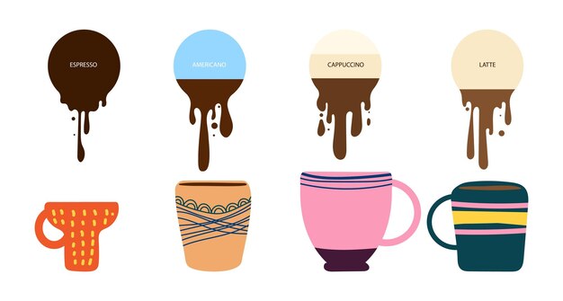 Café de la mañana Diferentes bebidas equilibran espresso americano capuchino y café con leche Tazas y tazones de estilo boho y pancartas líquidas café o pegatinas vectoriales de panadería