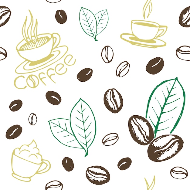 café, mano, dibujado, seamless, patrón