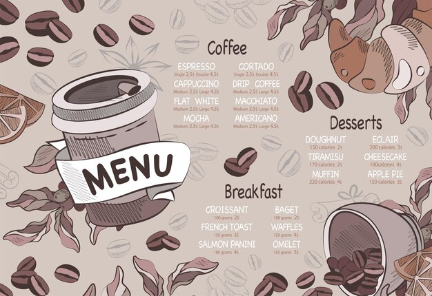 Café menú beige vector ilustración café y croissant café para llevar