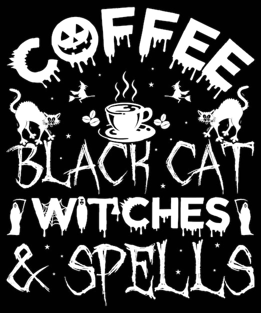 Vector café negro gato brujas y hechizos diseñados para amante de halloween