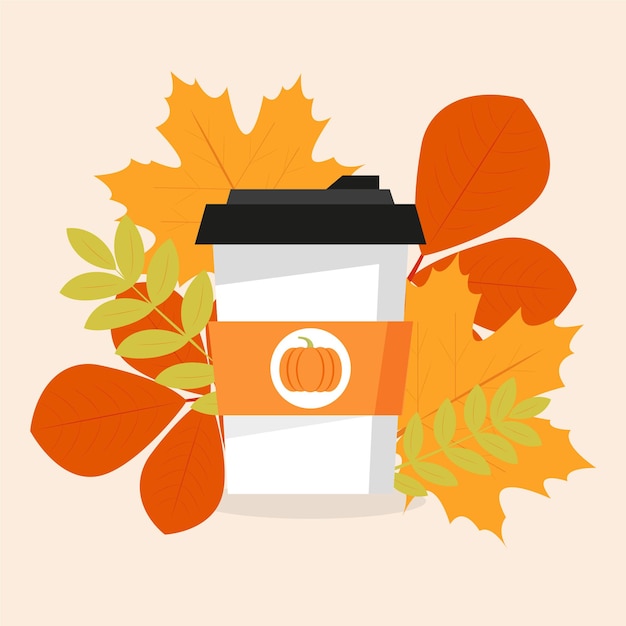 Café de otoño especias de calabaza taza de café con leche bebida de otoño gráficos vectoriales