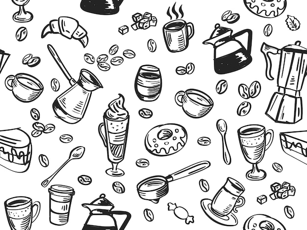 café de patrones sin fisuras con diferentes tipos de café y atributos hechos a mano