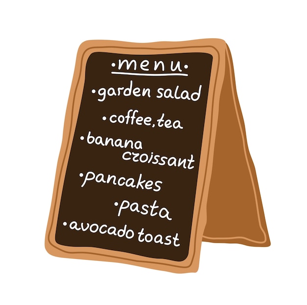 Café de pizarra de madera y letrero de menú de restaurante con letras, letrero de calle y pancarta publicitaria