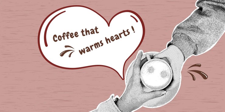 Vector el café que calienta los corazones las manos con efecto de medio tono sosteniendo una taza con caliente