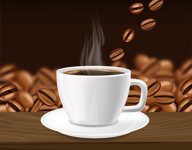 Café realista, arábica 100%, frijoles y bebida caliente, buenos días, ilustración