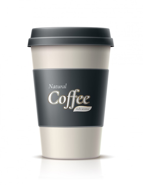 Vector café realista en vaso de papel desechable con tapa