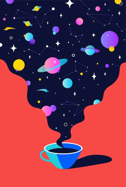 Café. taza de café con sueños del universo, planeta, estrellas, cosmos.