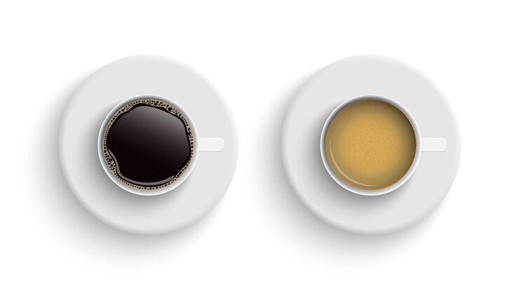 Vector café en tazas blancas vista desde arriba café negro capuchino espresso latte mocha americano