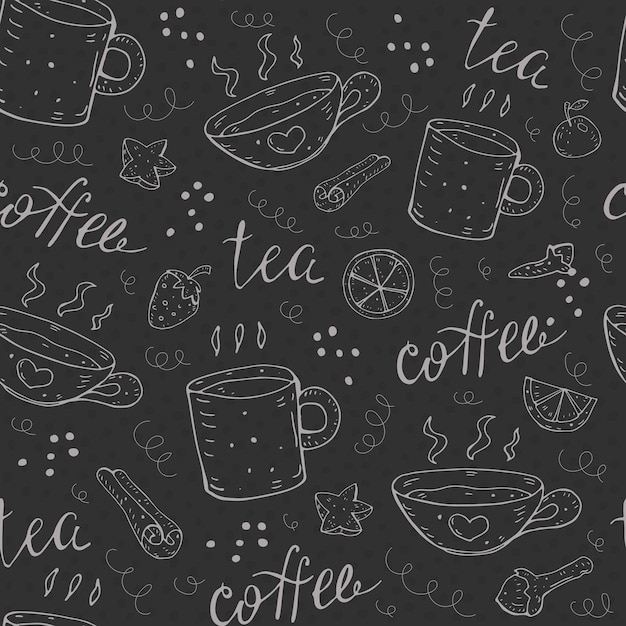 Café y té de patrones sin fisuras. vector con tazas, frutas, especias, letras caligráficas