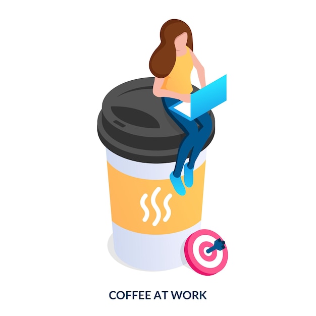 Café en el trabajo. una niña con una computadora portátil se sienta en una gran taza de café. ilustración vectorial