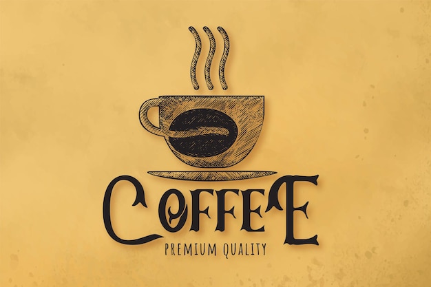 Café de vapor dibujado a mano, taza, vidrio, grano de café, logotipo de la cafetería