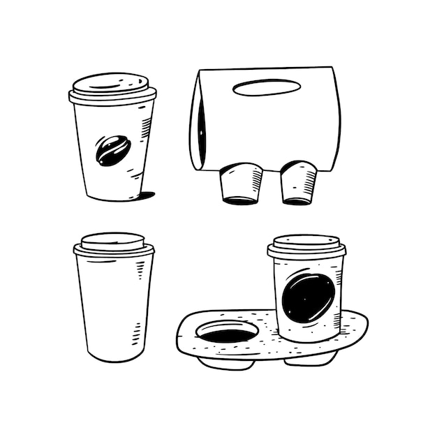 Café en vaso de papel y café para llevar en un stand. Boceto dibujado a mano