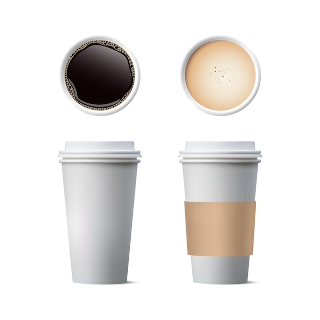 Café en vasos de papel blanco Café negro capuchino espresso latte mocha americano