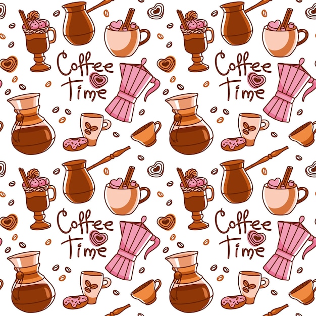 Cafetera cezve y diferentes tipos de café Vector de patrones sin fisuras