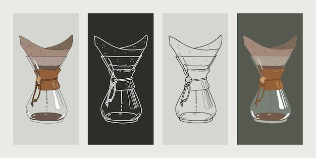Cafetera Chemex Ilustración vectorial en estilos planos y de línea