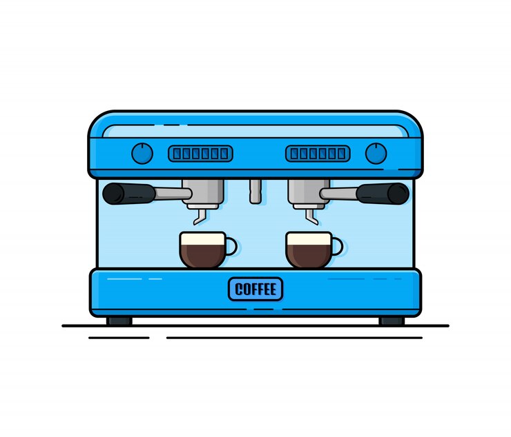 Vector cafetera de estilo plano. cafetera azul sobre un fondo blanco con una taza de café caliente.