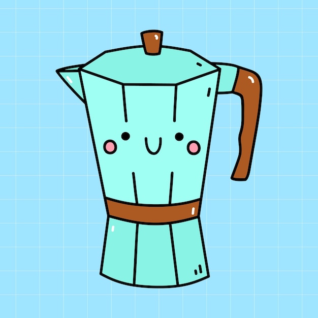 Cafetera Kawaii aislada sobre un fondo azul Ilustración dibujada a mano vectorial en estilo doodle Personaje lindo Perfecto para tarjetas decoraciones pegatinas logotipo varios diseños