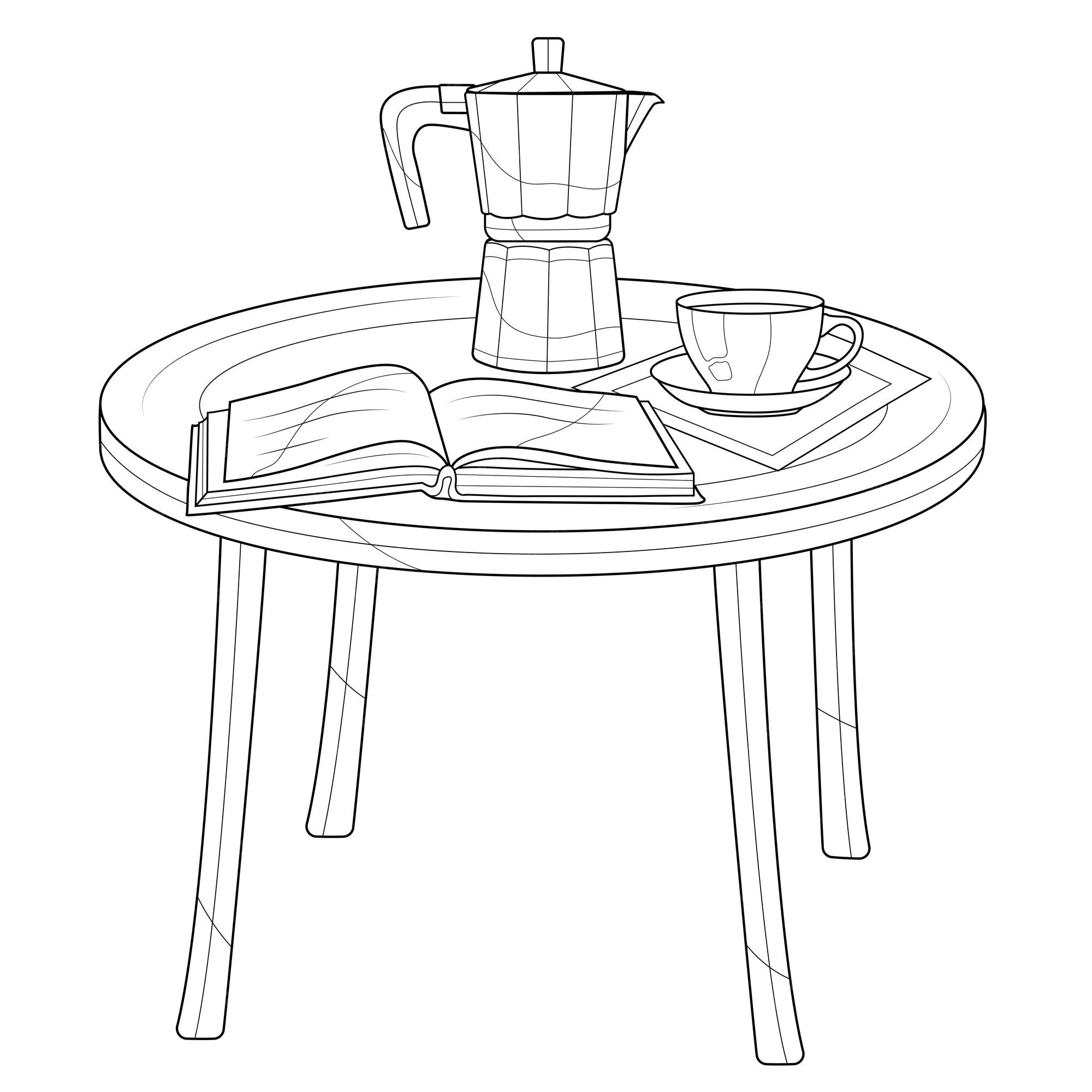 Cafetera, taza de café y libro sobre la mesa. libro para colorear  antiestrés para niños y adultos. ilustración aislada sobre fondo blanco.  estilo zen-tangle. | Vector Premium