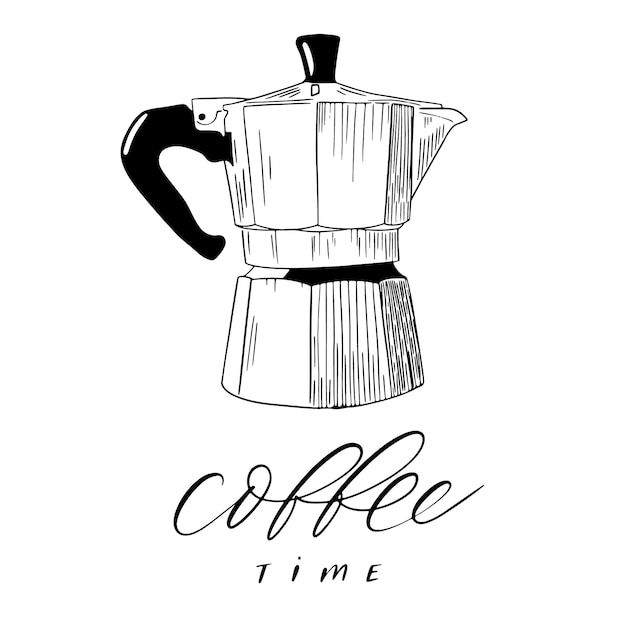 Vector cafetera vintage ilustración de línea negra dibujada a mano con letras tiempo de café