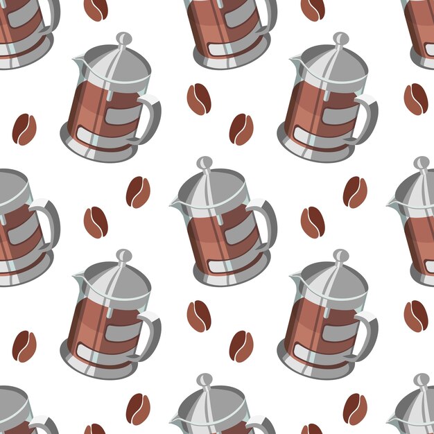 Cafeteras de metal de patrones sin fisuras y granos de café sobre un fondo blanco Textil de impresión