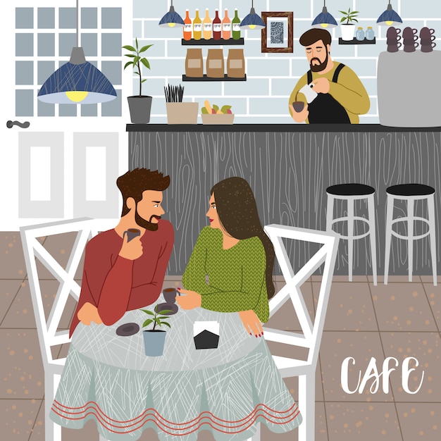 Vector cafetería con hombre y mujer y barista
