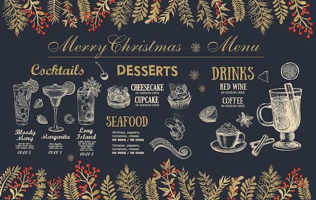 Cafetería con menú navideño. Folleto de comida. Menú del restaurante. Diseño de plantilla.