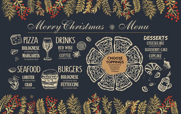 Cafetería con menú navideño. Folleto de comida. Menú del restaurante. Diseño de plantilla.