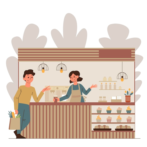 Cafetería moderna y acogedora con café y panadería Una mujer agradable hizo café para llevar para un joven