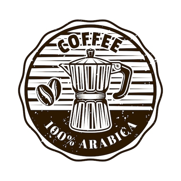 Cafetería vector redondo emblema insignia etiqueta adhesiva o logotipo con moka pot en monocromo estilo vintage aislado sobre fondo blanco