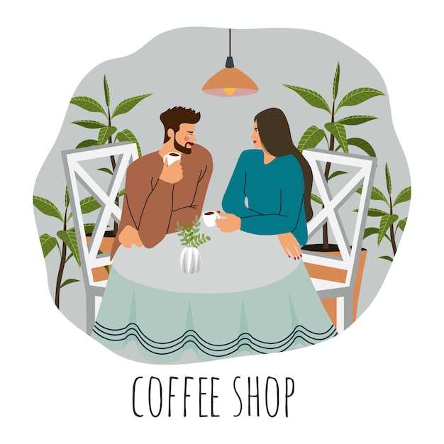 Cafetería visitantes. Ilustración plana de una joven pareja, sentado a la mesa con café, lámparas arriba rodeadas de plantas
