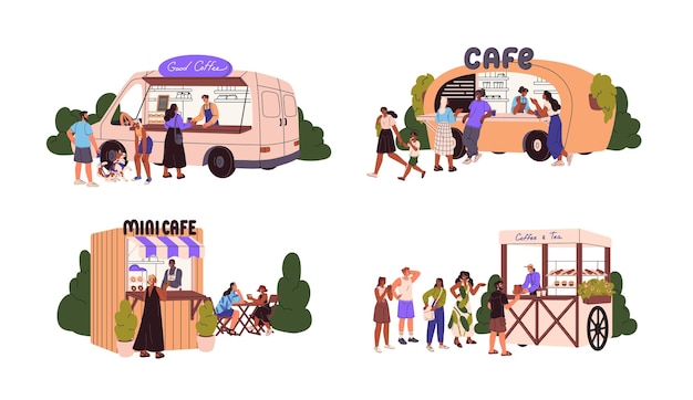 Cafeterías callejeras camiones de comida furgonetas móviles conjunto compra de helado de café en cafeterías al aire libre en caravanas vendedores que venden en puestos de autos ilustraciones vectoriales gráficas planas aisladas sobre fondo blanco
