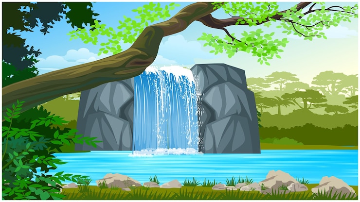 Vector caída de agua desde el fondo del paisaje de la escena de la naturaleza de la colina con árboles verdes para el fondo de dibujos animados.