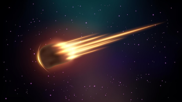 Caída de asteroide realista en llamas, cometa en el fondo del espacio ultraterrestre. Ilustración vectorial