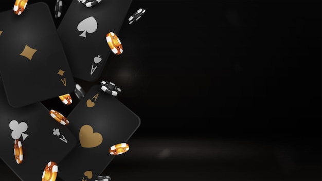 Caída de casino negro y dorado jugando a las cartas con fichas de póquer sobre fondo negro
