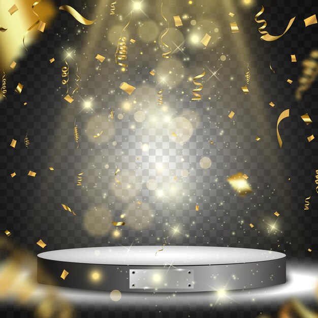 Caída de confeti ORO en el podio Podio blanco realista con focos Primer lugar