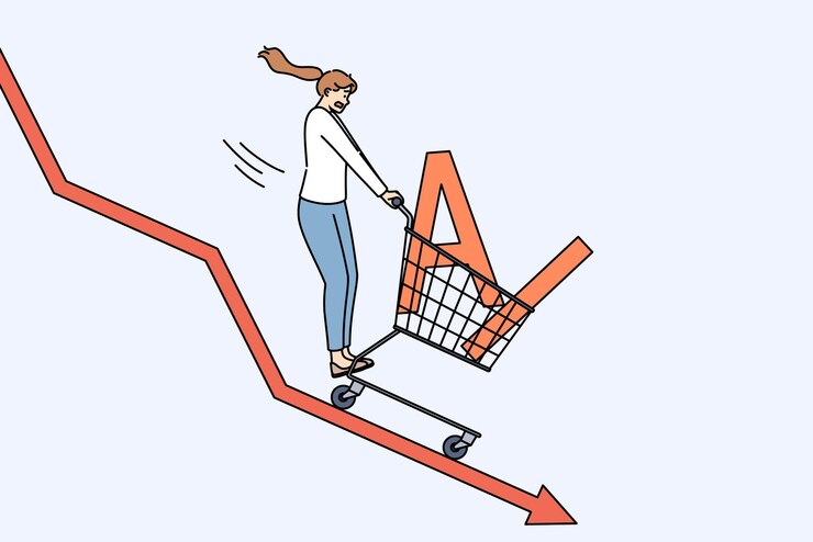 Vector la caída de la demanda de ai causada por la crisis demostrada por la mujer que baja el gráfico sosteniendo el carrito de compras