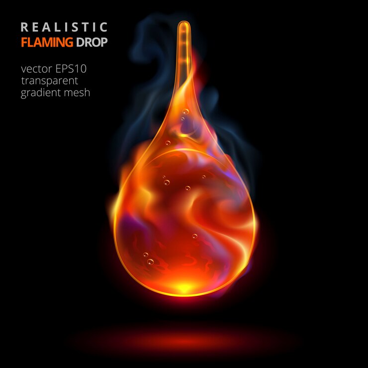 Vector la caída de la gota de fuego sobre un fondo negro. gota realista 3d de cualquier líquido combustible con una llama y humo. goteo candente para promocionar un perfume emocionante, combustible potente y bebidas fuertes.