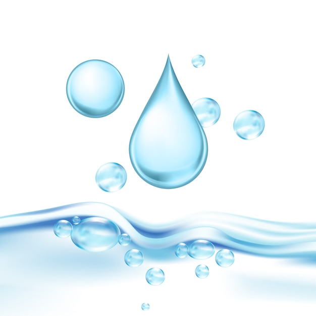 Caída de gotas de agua mineral y burbujas de aire