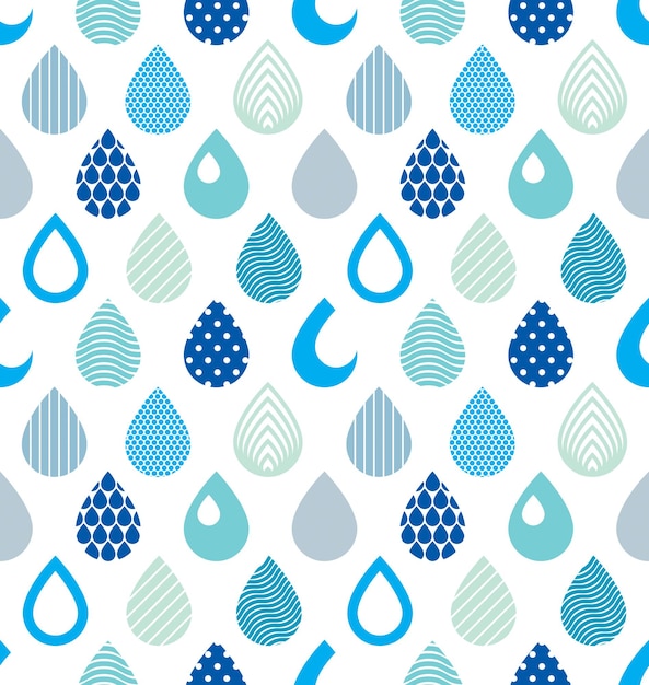 Caída de gotas de lluvia agua vector patrón sin costuras, repetición de fondo sin fin de color azul, goteo de agua de rocío.