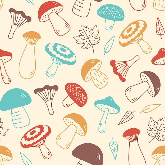 La caída de los hongos colorido Doodle patrón sin costuras otoño otoño ilustración vectorial de fondo
