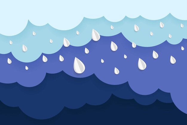 Caída lluviosa con fondo de nubes de degradado multicolor Estilo de arte de papel Ilustración vectorial