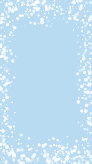 Caída mágica de nieve trasfondo navideño Flocos de nieve y estrellas volando sutilmente en un telón de fondo azul claro de invierno Caída mágica de nieve paisaje de vacaciones Ilustración vectorial vertical