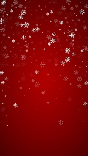 Caída mágica de nieve trasfondo navideño Flocos de nieve voladores sutiles y estrellas en el fondo rojo navideño Caída mágica de nieve paisaje navideño Ilustración vectorial vertical